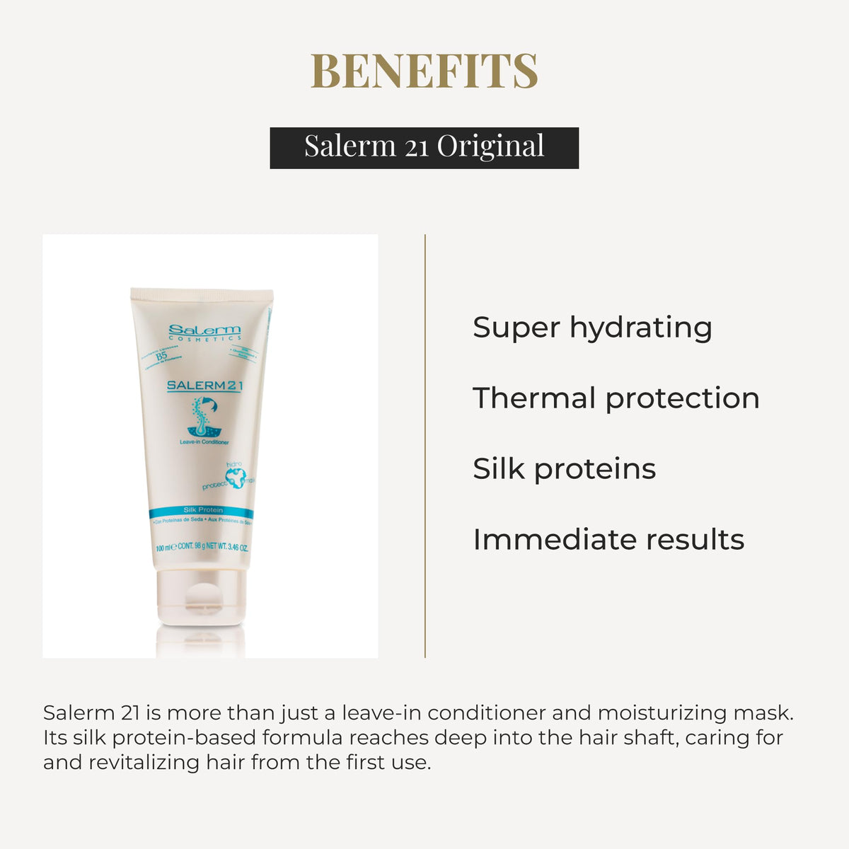 SALERM 21 texture on palm displaying silk-protein lightweight creamy formula