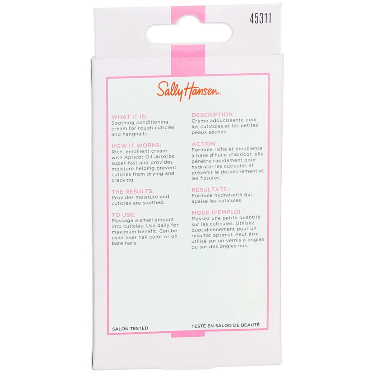 Close-up of Sally Hansen label highlighting apricot oil for nourishing benefits