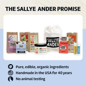 SALLYEANDER Nourish on a bathroom shelf with plants suggesting handmade, organic skincare lifestyle benefit