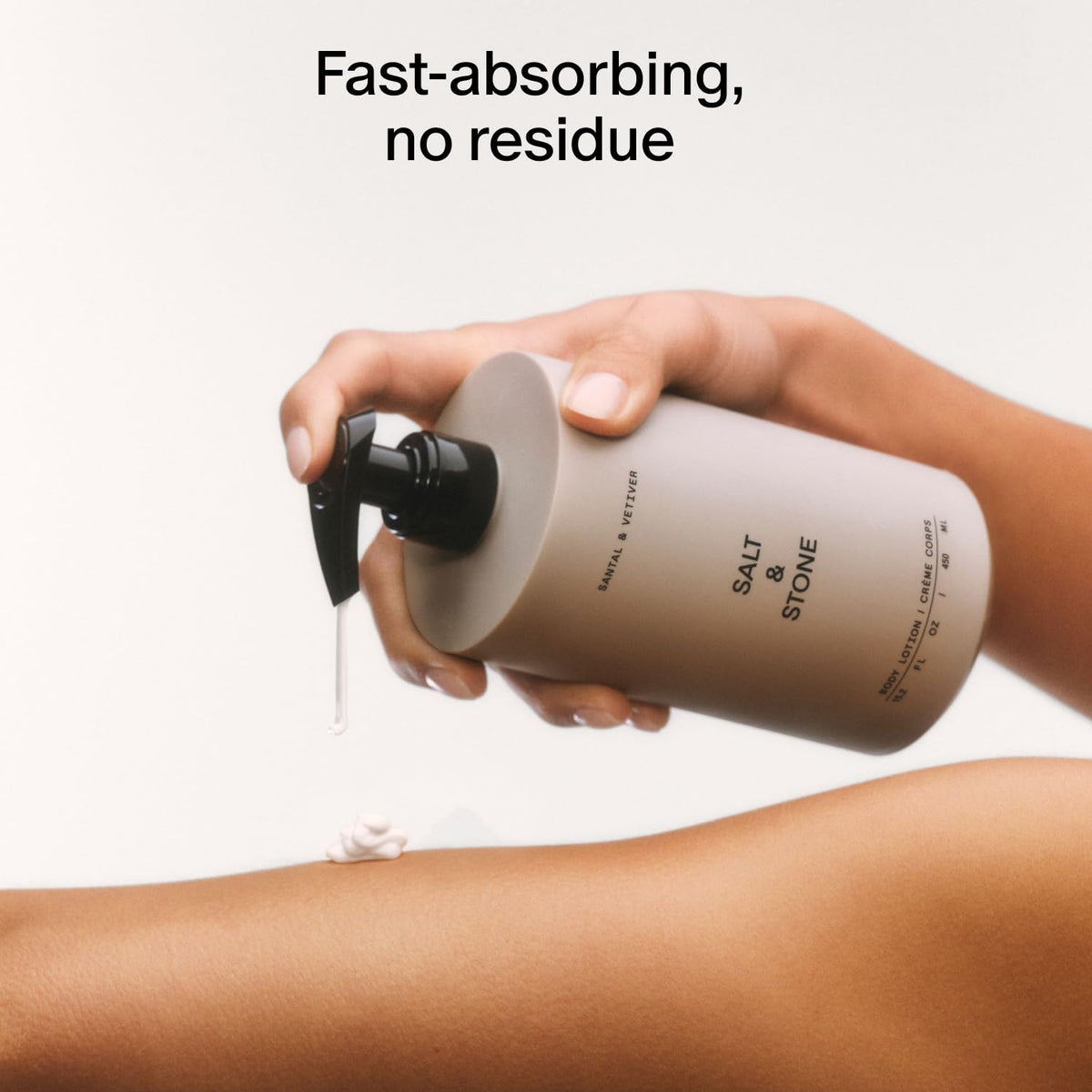 Salt & Stone lotion spread on skin demonstrating moisturizing finish and softness
