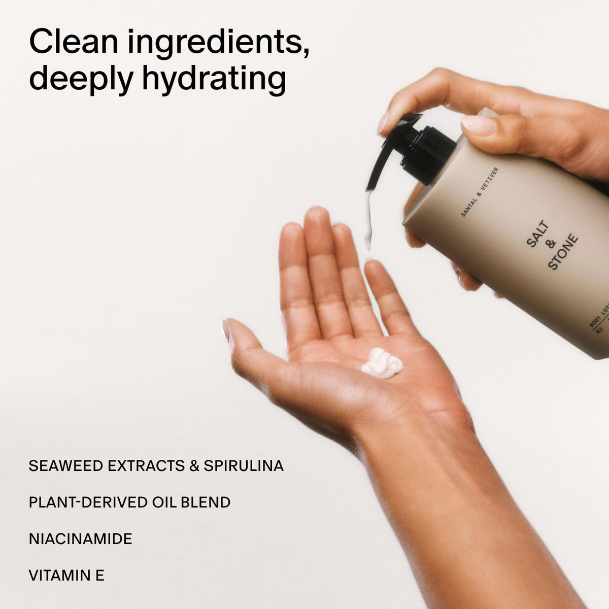 Salt & Stone dispensing lotion to show fast-absorbing silky texture on hand