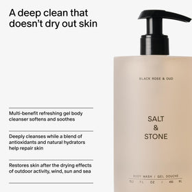 Salt & Stone bottle in hand for scale showing 15.2 fl oz capacity
