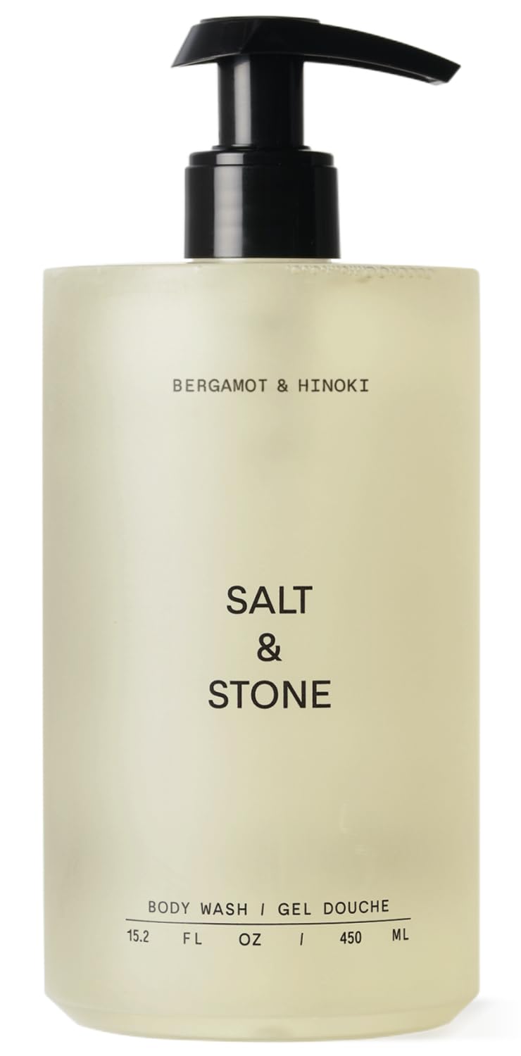 Salt & Stone front bottle showing bergamot and hinoki scent and benefit