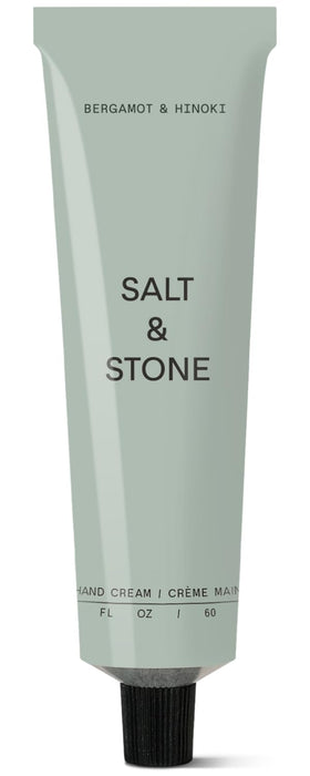Salt & Stone front packaging showing bergamot and hinoki scent and benefit of fast hydration