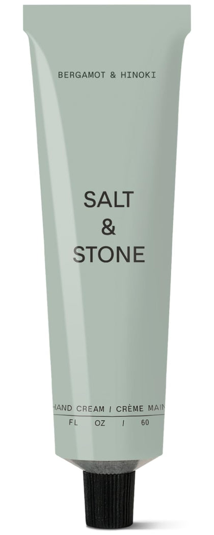 Salt & Stone front packaging showing bergamot and hinoki scent and benefit of fast hydration