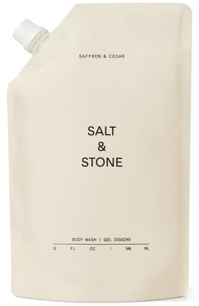 Salt & Stone front packaging showing saffron and cedar scent benefits