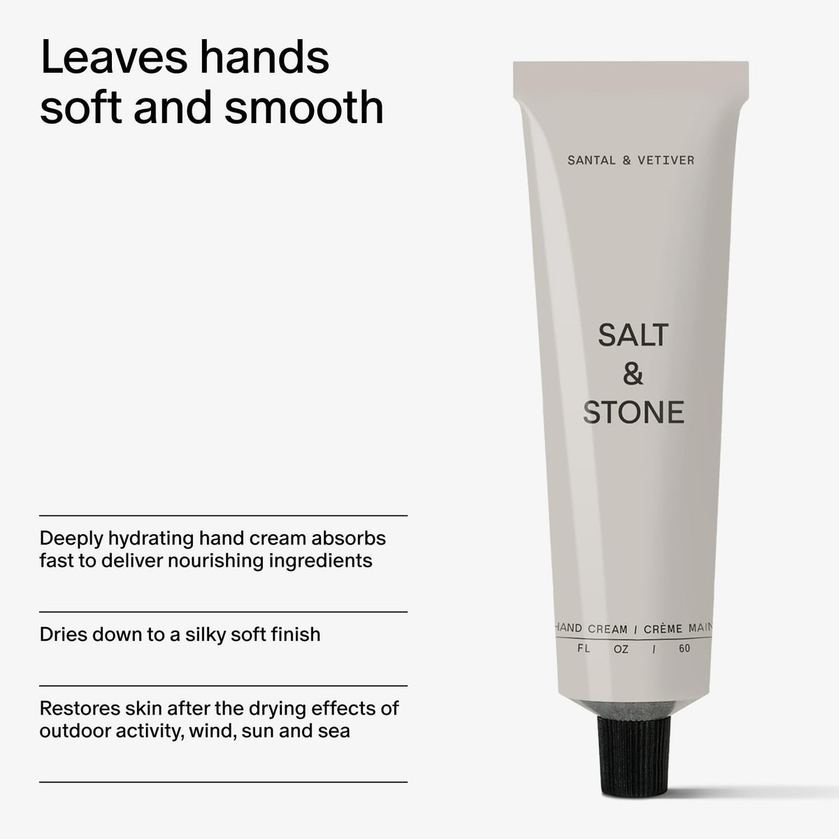 Salt & Stone label detail with ingredients, vegan and cruelty-free benefit