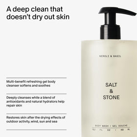 Salt & Stone bottle on shower shelf conveying refreshing daily routine benefit