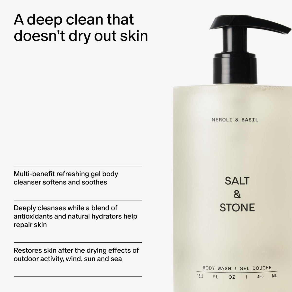 Salt & Stone ingredient label close-up showing prebiotics, seaweed, vitamin C for skin support