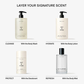Salt & Stone lotion on bathroom shelf in lifestyle setting for daily ritual appeal