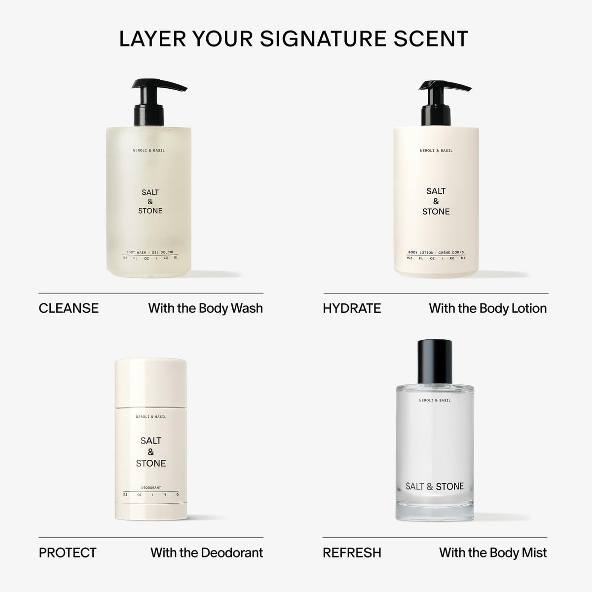 Salt & Stone bottle on styled shower shelf creating a fresh, invigorating bathing atmosphere