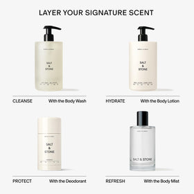 Salt & Stone bottle on styled shower shelf creating a fresh, invigorating bathing atmosphere