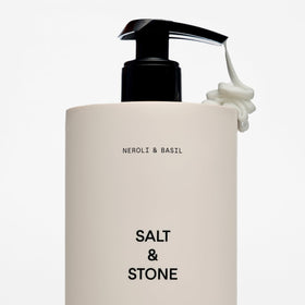 Salt & Stone label detail emphasizing vegan, cruelty-free certifications and clean ingredients