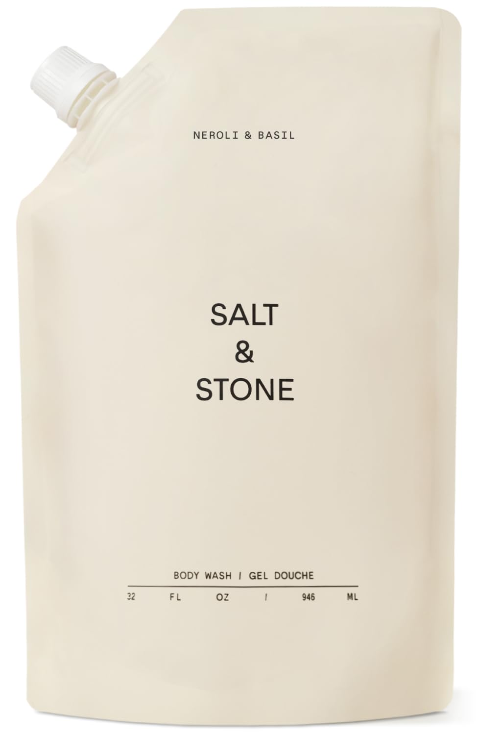 Salt & Stone front packaging of Neroli & Basil body wash showing refill size and branding, clear benefit hydration