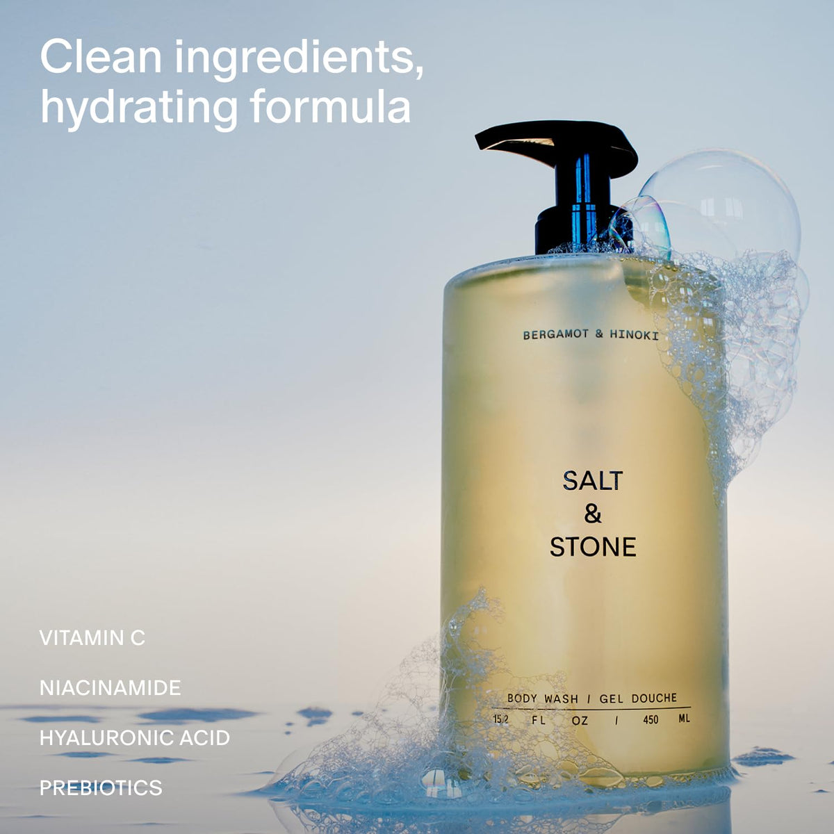 Salt & Stone pump and label detail highlighting clean ingredients benefit