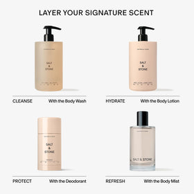 Salt & Stone bottle on bathroom shelf evoking elevated routine benefit