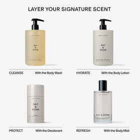 Salt & Stone body wash in a bathroom setting conveying daily ritual