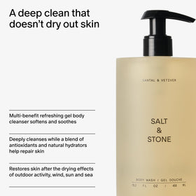 Salt & Stone 32 fl oz refill placed beside towel to show scale
