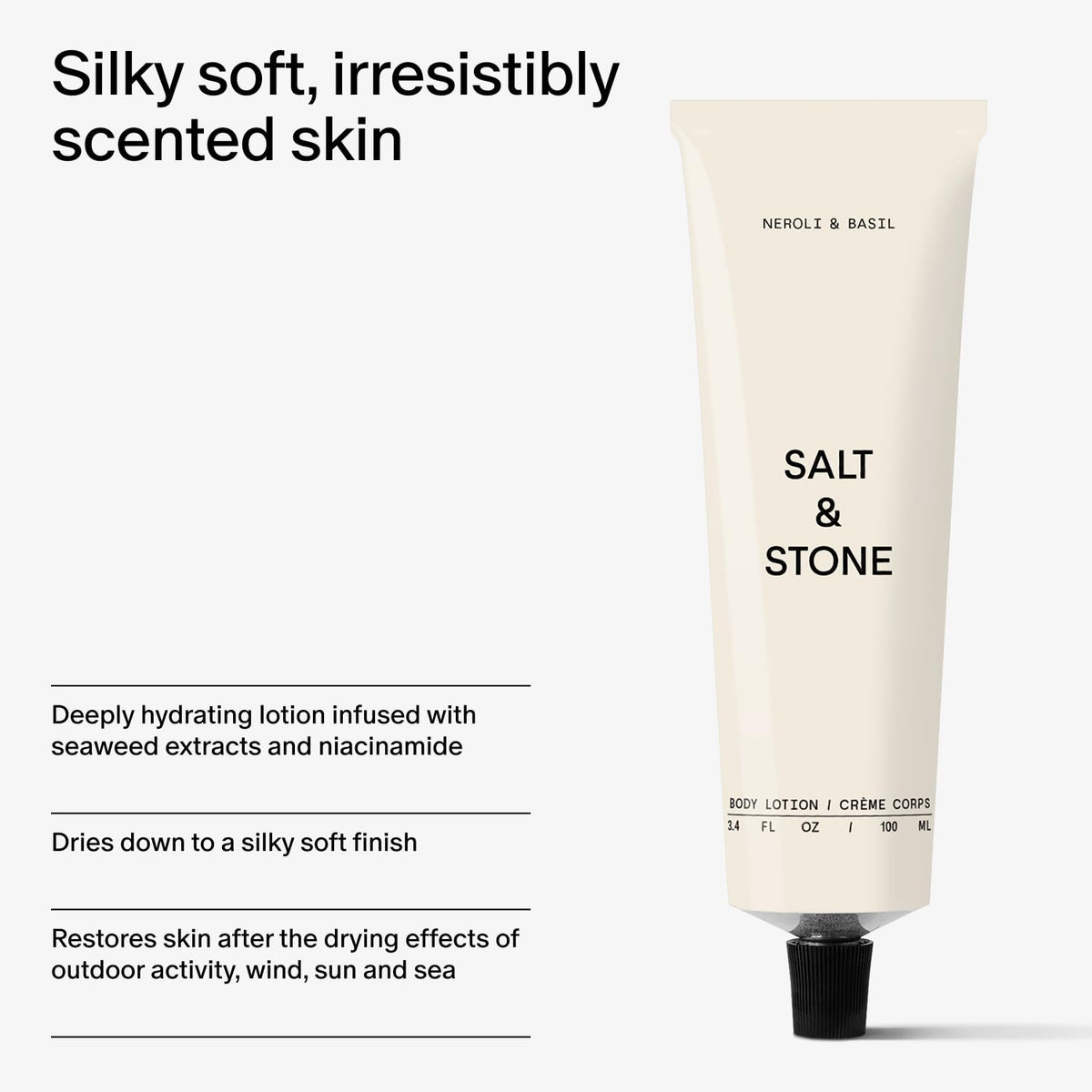 Salt & Stone bottle next to passport showing 3.4 fl oz travel-friendly size