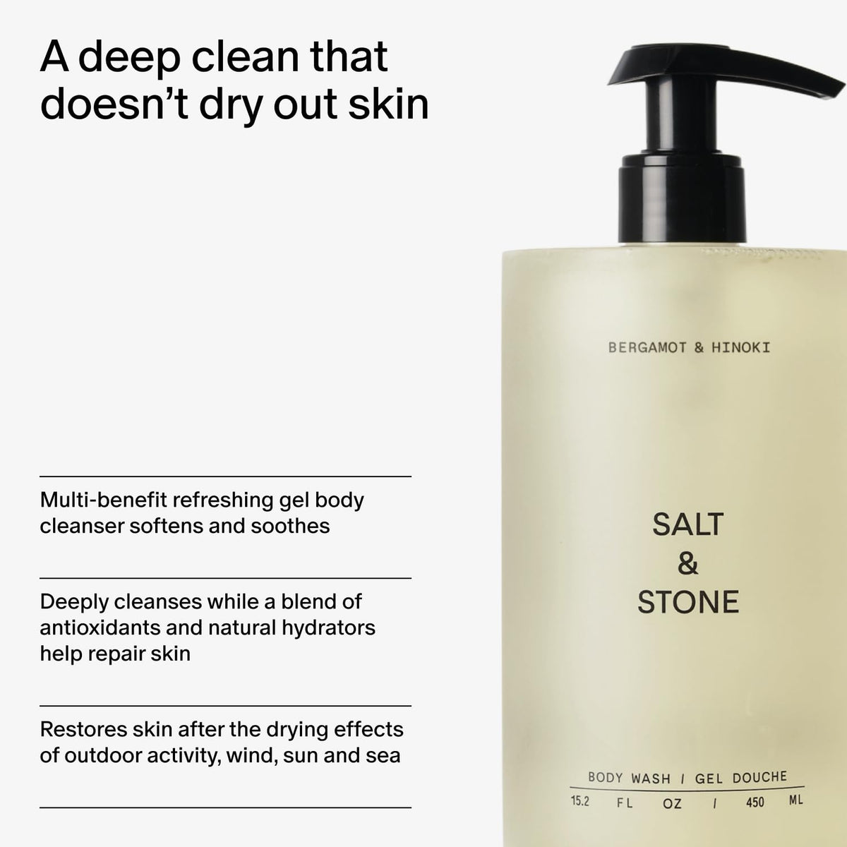 Salt & Stone 32 fl oz bottle next to hand for scale, demonstrates generous refill size