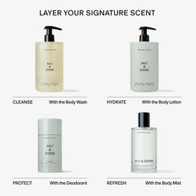 Salt & Stone label close-up showing niacinamide and Vitamin C, emphasizes nourishing formula