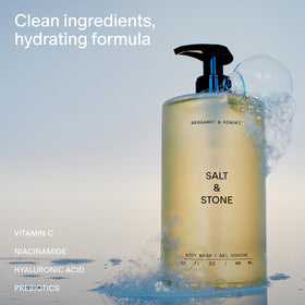 Salt & Stone pouring refill into a pump bottle, refill reduces plastic waste and saves money