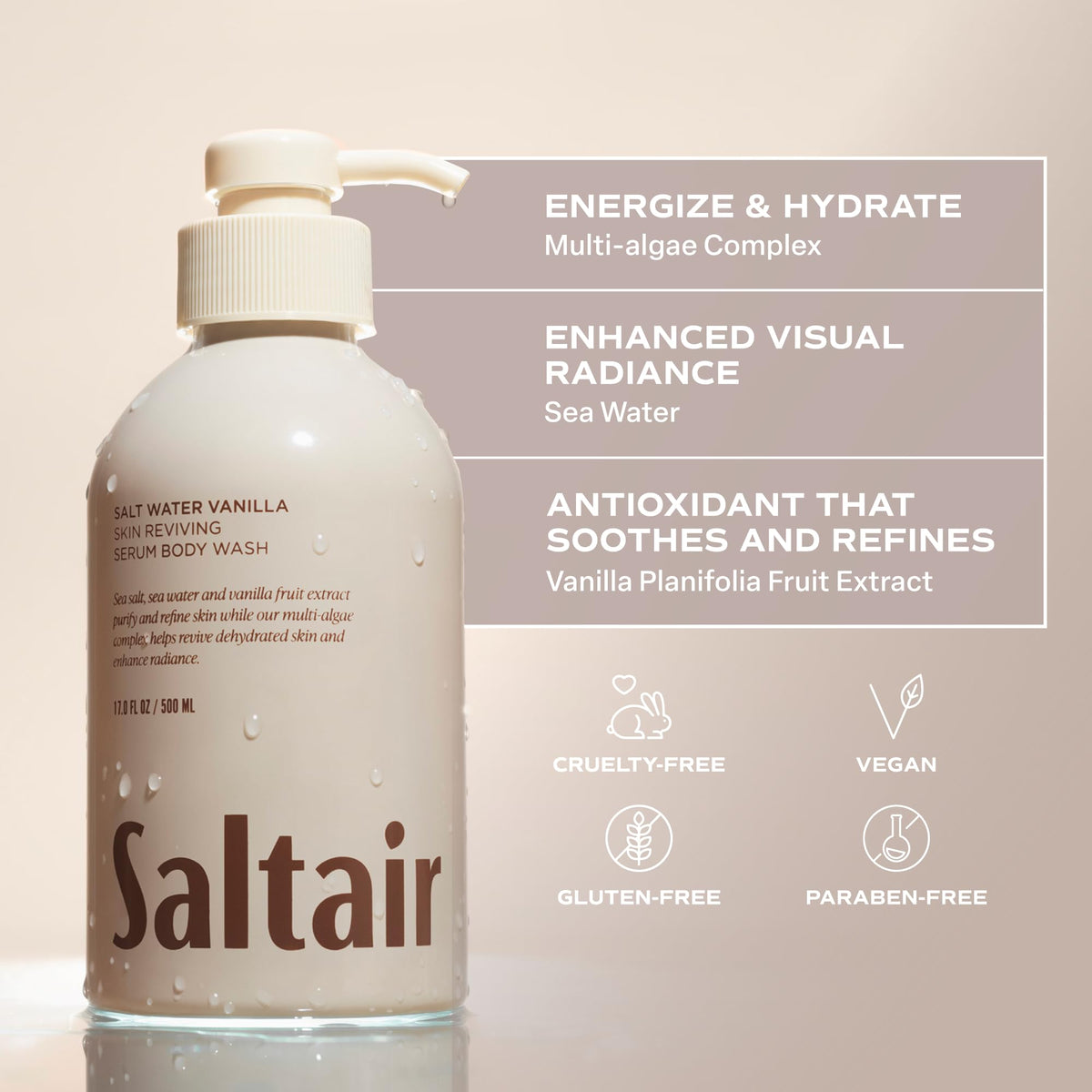 Saltair back label close-up listing ingredients and clean formula benefit