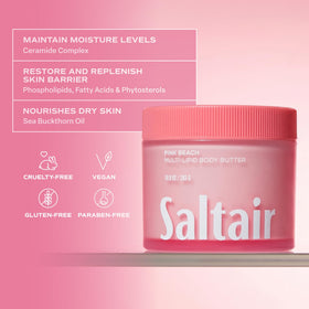 Saltair jar tucked in a beach bag suggesting travel-ready tropical scent escape