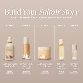 Saltair bottle label Salt Water Vanilla illustrating scent notes and premium presentation