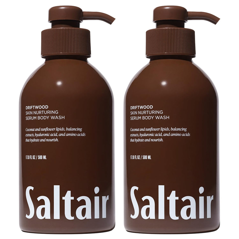 Saltair front packaging showing two Driftwood bottles and clean design