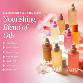 Collection of kukui, moringa, and squalane bottles with Saltair label showing nourishing blend