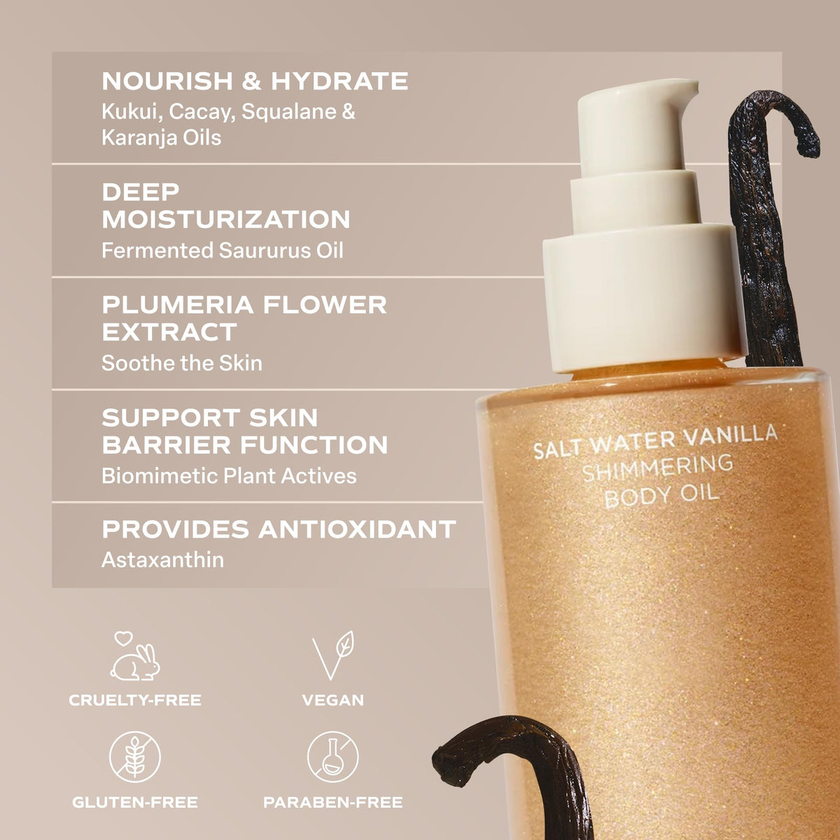 Saltair ingredients bottles arrangement spotlighting kukui cacay and squalane benefits