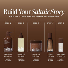Saltair label close-up showing Driftwood notes for calming scent benefit