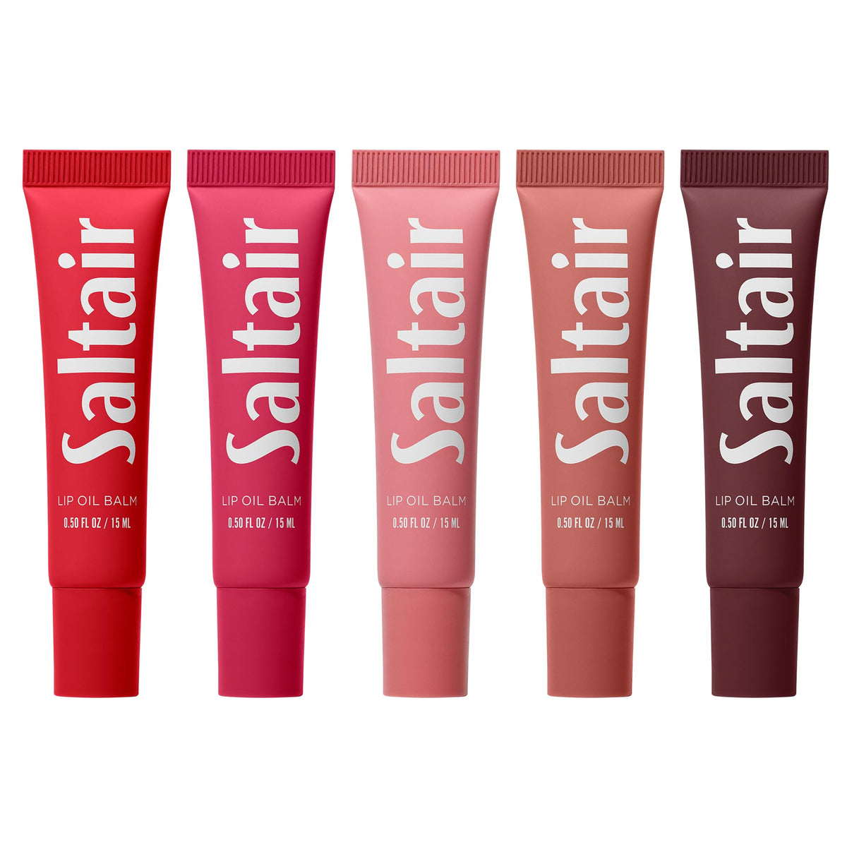 Saltair lip oil pack front view showing five glossy tubes and color range benefit hydration
