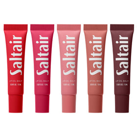Saltair lip oil pack front view showing five glossy tubes and color range benefit hydration