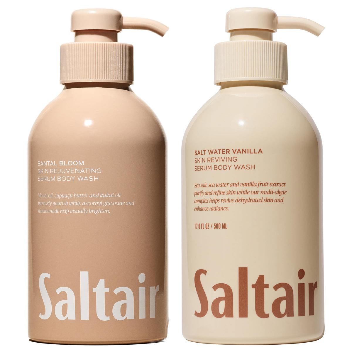 Saltair front view of two 17oz pump bottles showing scent labels and easy-dispense pumps