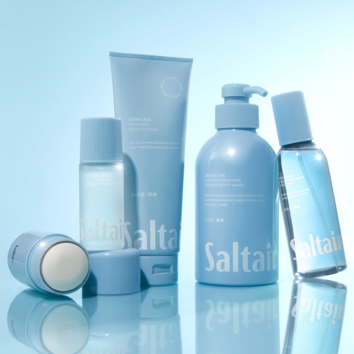 Saltair product label visible highlighting vegan, paraben-free claims and product benefits