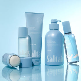 Saltair product label visible highlighting vegan, paraben-free claims and product benefits