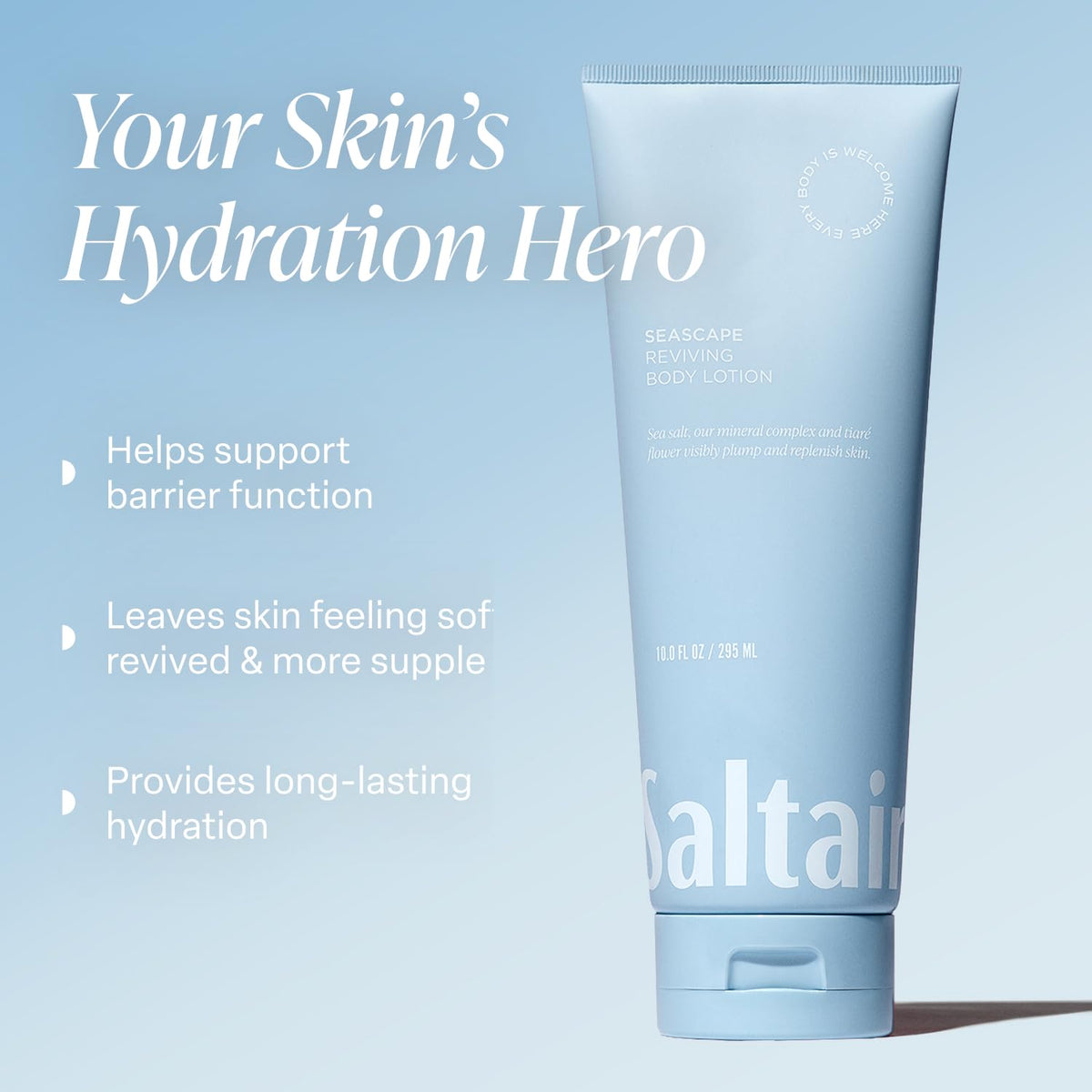 Saltair open tube texture close-up highlighting creamy lotion consistency and quick absorption benefit
