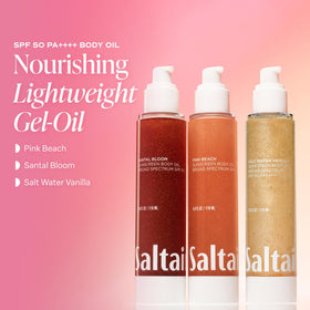 Saltair pink beach scented bottle side view conveying island-scent benefit