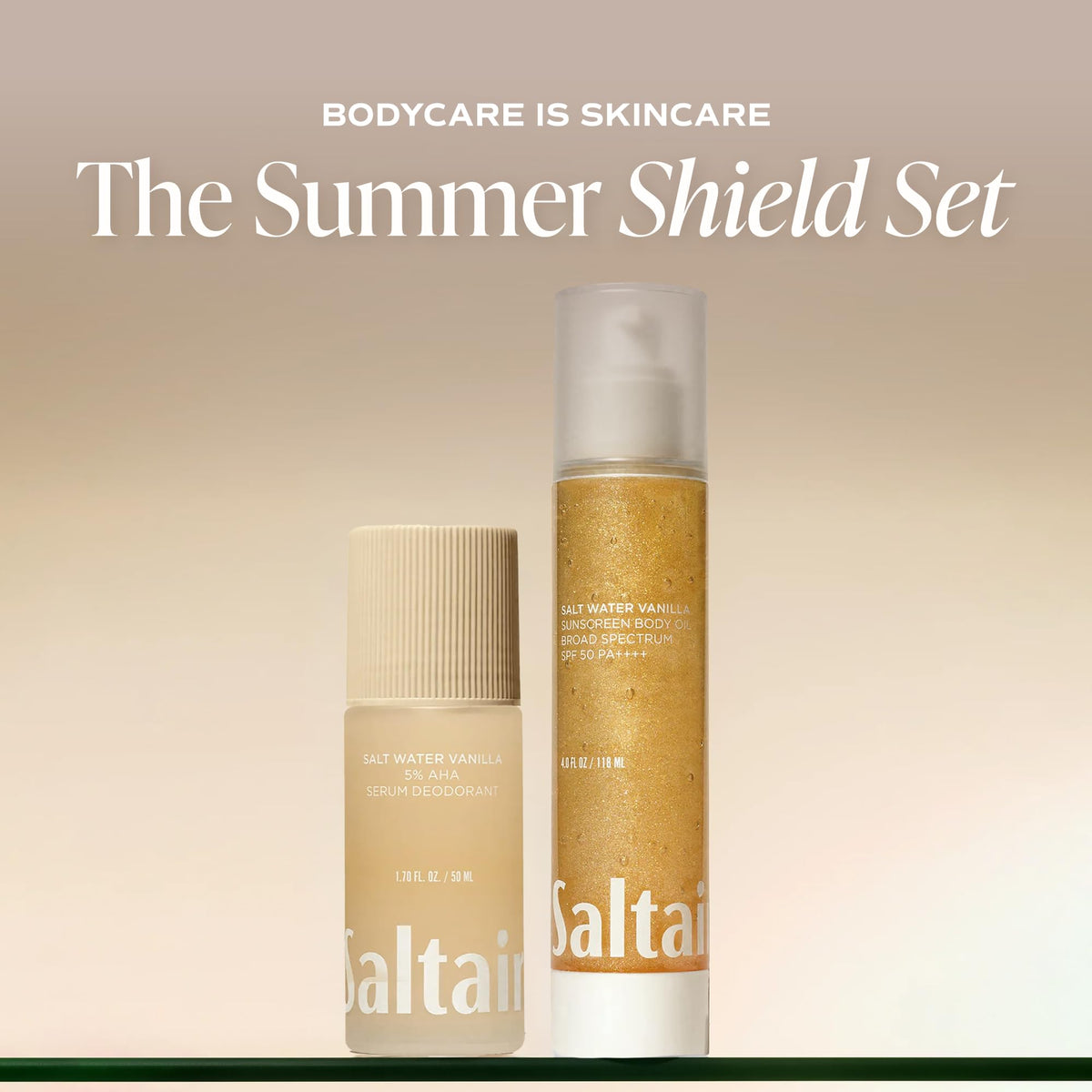 Saltair bottle label detail highlighting SPF 50 PA++++ and clean ingredients