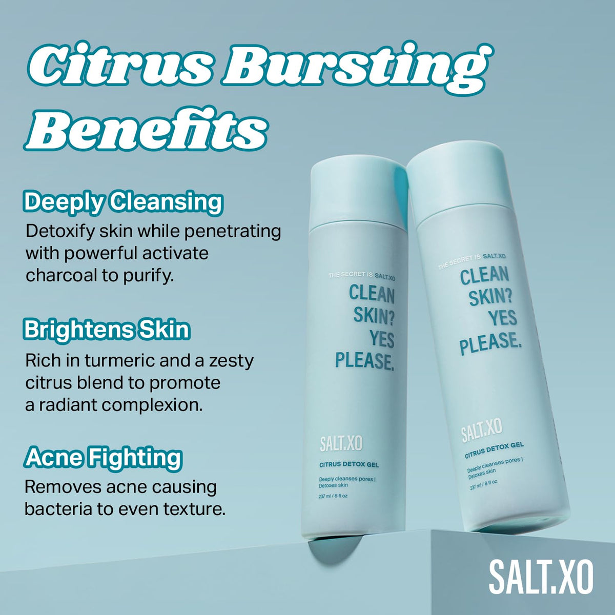 salt.xo in-shower use foam on shoulder illustrating effective body and facial cleansing