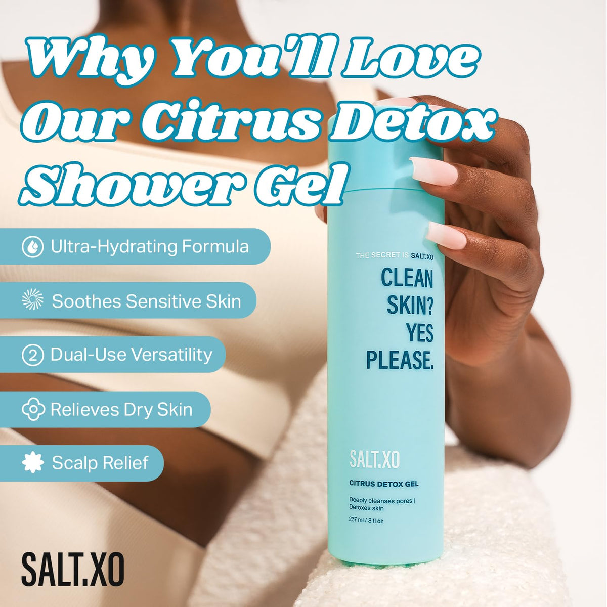 salt.xo lifestyle bathroom scene with bottle by sink conveying refreshing daily ritual benefit
