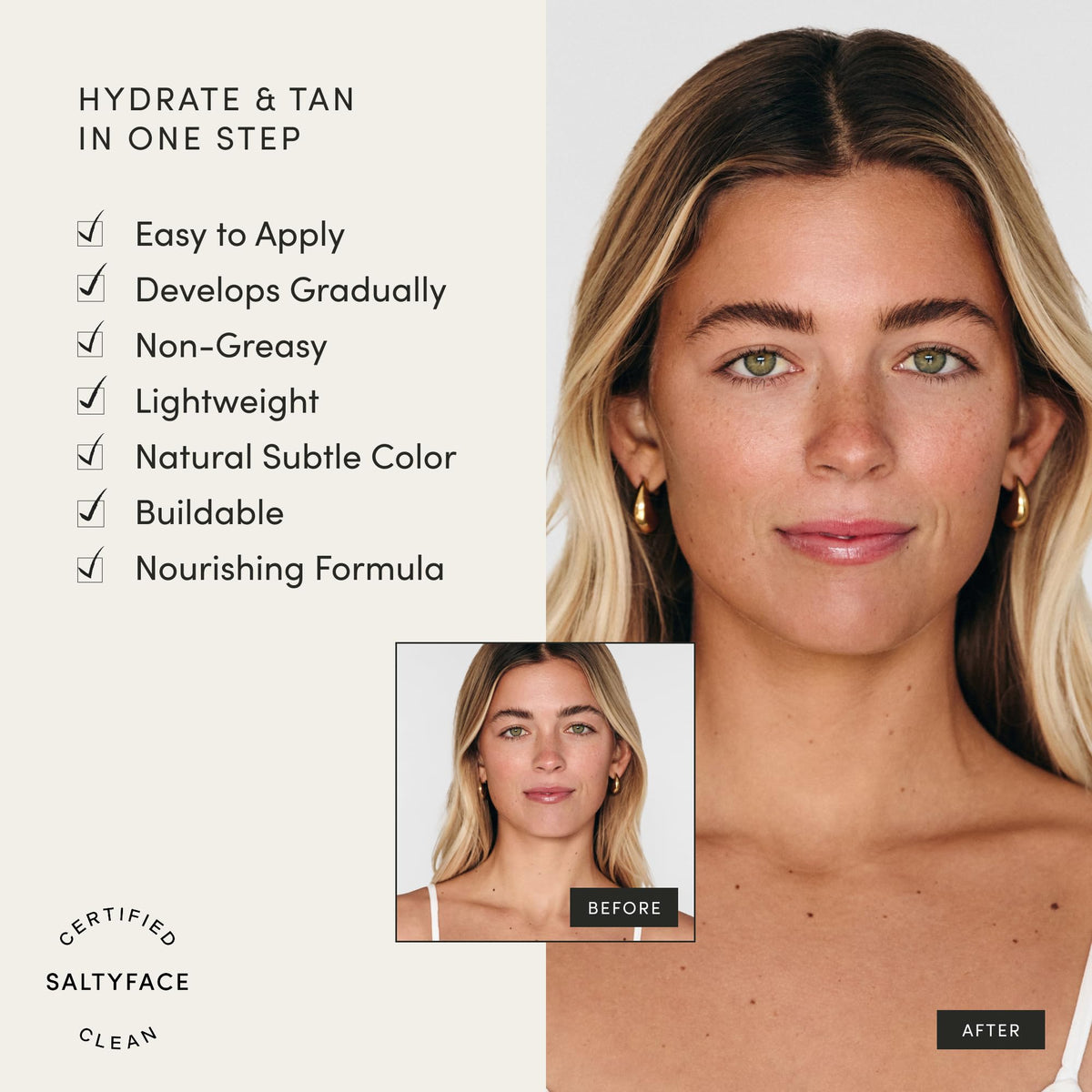 SALTYFACE application showing hands blending tanner for even natural glow