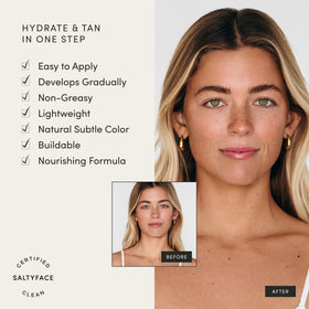 SALTYFACE application showing hands blending tanner for even natural glow