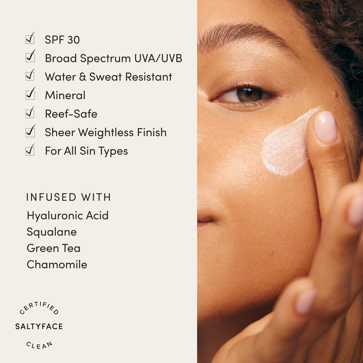 SALTYFACE sunscreen being applied on hand demonstrating easy spreadability