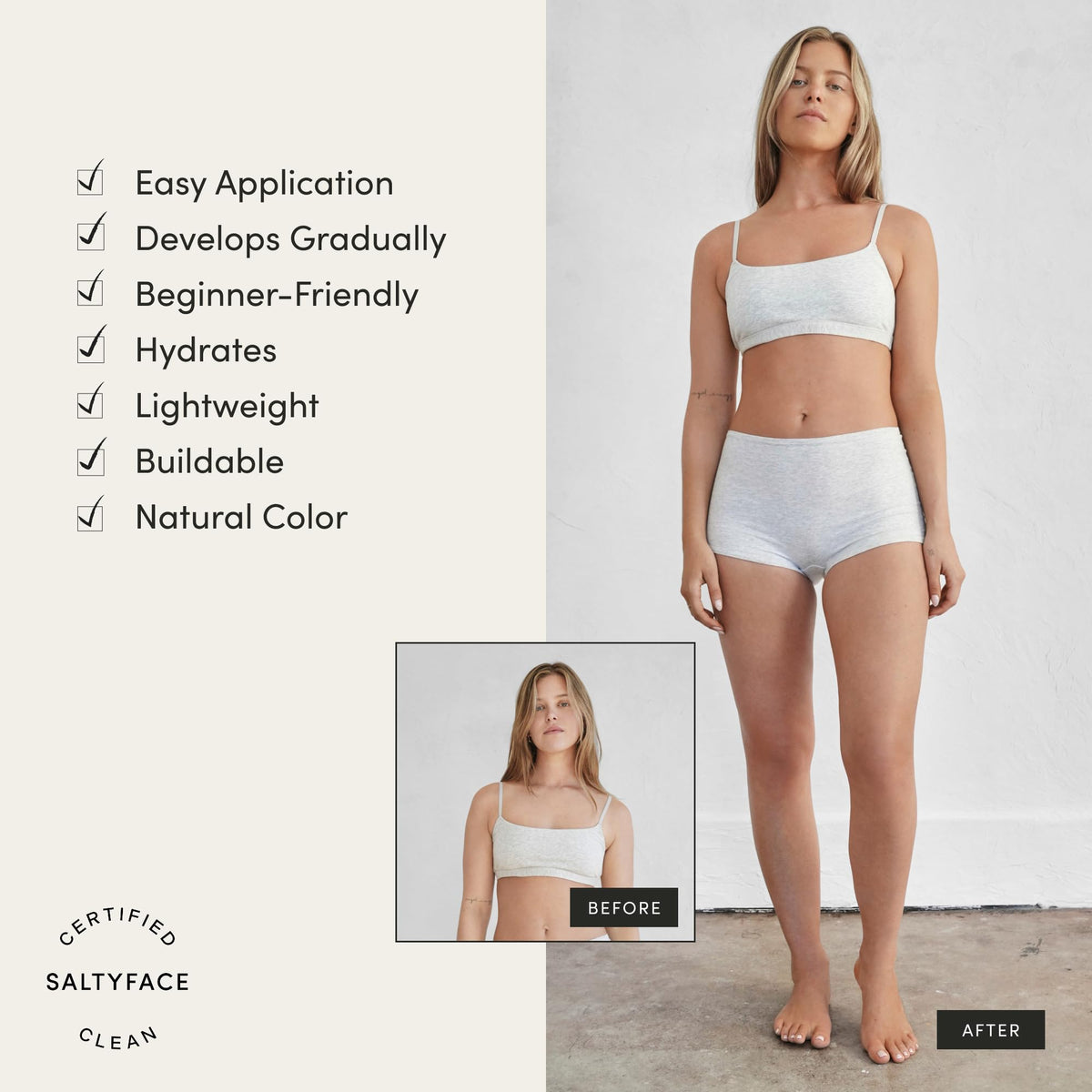 SALTYFACE application on leg demonstrating even blending and streak-free benefit