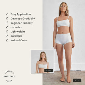 SALTYFACE application on leg demonstrating even blending and streak-free benefit