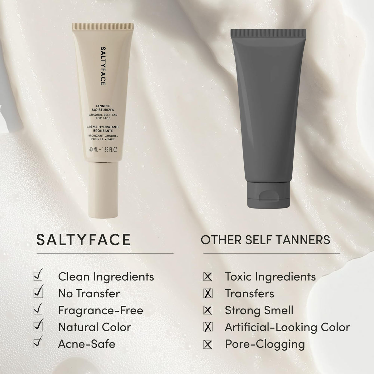 SALTYFACE ingredients display with green tea and hyaluronic acid benefits