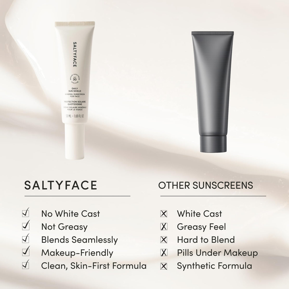 SALTYFACE next to sunglasses showing compact 1.69 fl oz travel-friendly size